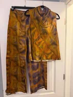 Zara Two-Piece Satin Pantsuit in Mustard Yellow and Purple Tie-Dye